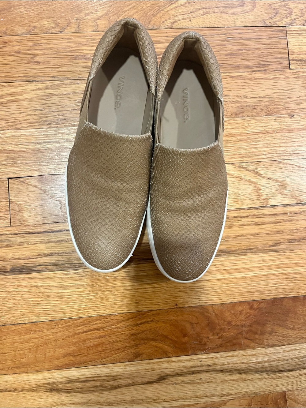 Vince Warren Tan Snake Embossed  Leather Slip-On Platform Sneakers.